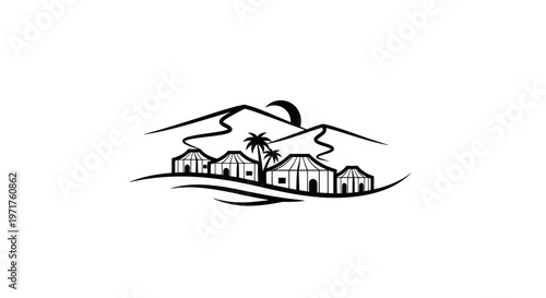 Desert Oasis Camp with Dunes, Palm Trees and Crescent Moon Silhouette