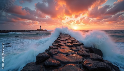 Large ocean waves crash onto a stone jetty with a lighthouse in background. Sunset sky paints clouds orange and pink over calm sea. Water spray bursts high into air.