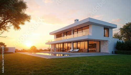 Modern white house with pool at sunset. Large glass windows reflect golden light. Lush green lawn and trees surround the elegant luxury estate.
