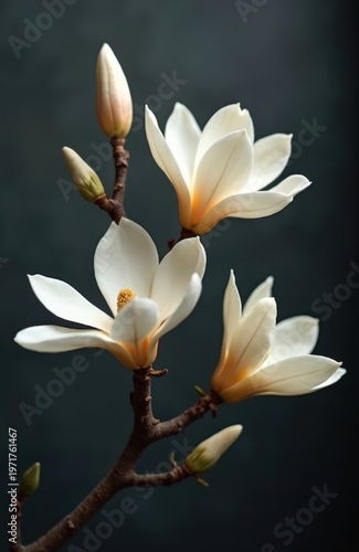 White magnolia flowers and buds on a dark background. Delicate petals unfurl on a bare branch, signaling new beginnings. Elegant botanical closeup offers serene beauty.