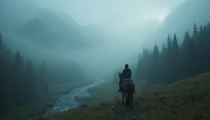 Lone rider trains horse in foggy valley near stream. Person on horseback rides along misty mountain forest. Moody landscape with pine trees at twilight.