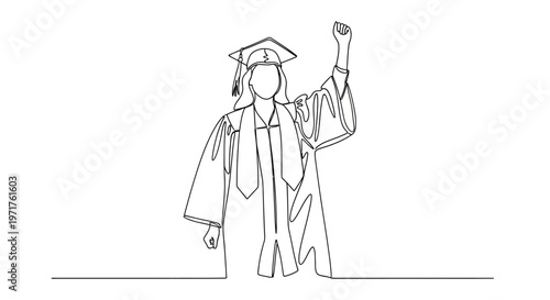 Celebrating graduation with a continuous line art illustration of a student in cap and gown raising their fist in triumph, symbolizing achievement and success
