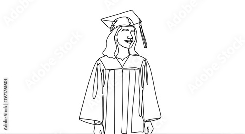 Graduation celebration. A young woman in a cap and gown, looking forward with a bright smile, depicted in a continuous line art style celebrating academic achievement and future aspirations