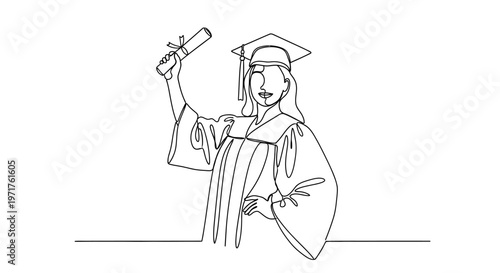 Continuous line art of a graduating student in cap and gown, holding diploma scroll, celebrating academic achievement with joy and pride, symbolizing education and success, minimalist design
