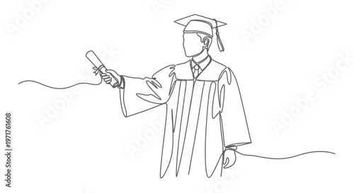 A single line drawing of a graduate in a cap and gown holding a diploma, symbolizing achievement and academic success