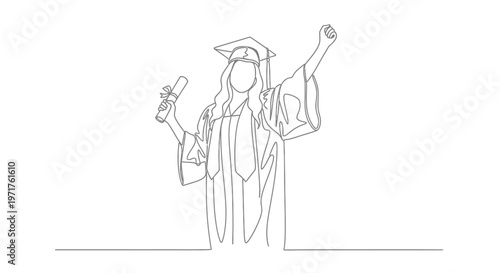 Continuous line art illustration of a graduating student in cap and gown holding a diploma, celebrating academic achievement with a raised fist and triumphant expression