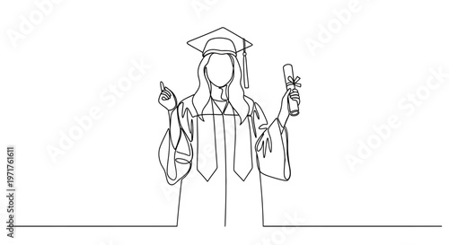 Graduation Day Celebration A Continuous Line Art Illustration of a Student Holding a Diploma and Wearing a Graduation Cap, Symbolizing Achievement and Education
