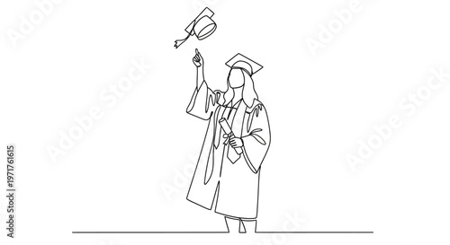 Continuous line art of a joyful graduate in a cap and gown tossing their cap in the air, celebrating academic achievement with a diploma in hand