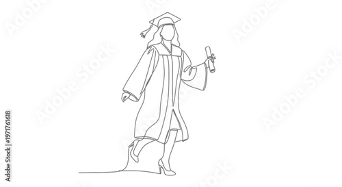 Minimalist continuous line art illustration of a jubilant female graduate in academic regalia holding a diploma, symbolizing achievement and future success in education