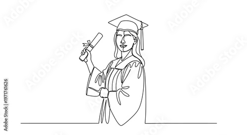 Graduation celebration, proud student holding diploma scroll in cap and gown, continuous line art drawing, academic achievement and success