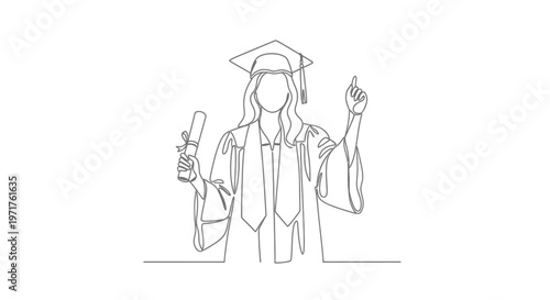 Continuous line art illustration of a graduating student holding a diploma and pointing upwards, symbolizing achievement and aspiration in their academic journey