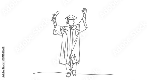 A triumphant graduate in a cap and gown, holding a diploma, celebrates their achievement with a joyful gesture, a single continuous line drawing conveying success