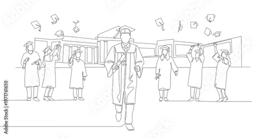 Graduation celebration with students in caps and gowns tossing their caps in the air with a building in the background, continuous line art