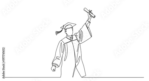 Minimalist single line continuous art illustration of a jubilant graduate in cap and gown holding up a diploma scroll in a triumphant gesture, symbolizing academic achievement and success