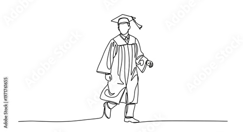 Graduation student wearing cap and gown walking confidently forward, drawn in continuous line art style, symbolizing achievement and future success