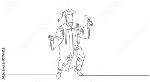 A single continuous line drawing of a jubilant graduate in academic regalia, holding two diplomas, celebrating their educational achievement