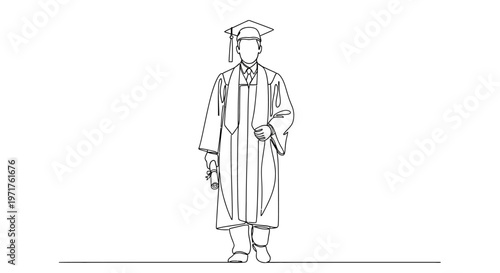 Single continuous line drawing of a triumphant graduate in cap and gown holding a diploma, celebrating academic achievement and success