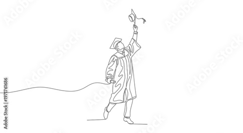 Continuous line art of a graduate in cap and gown raising their graduation cap in the air, celebrating achievement