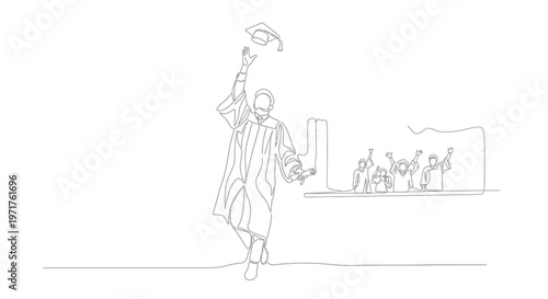 Single line illustration of a jubilant graduate tossing their cap in the air, celebrating achievement with a group in the background