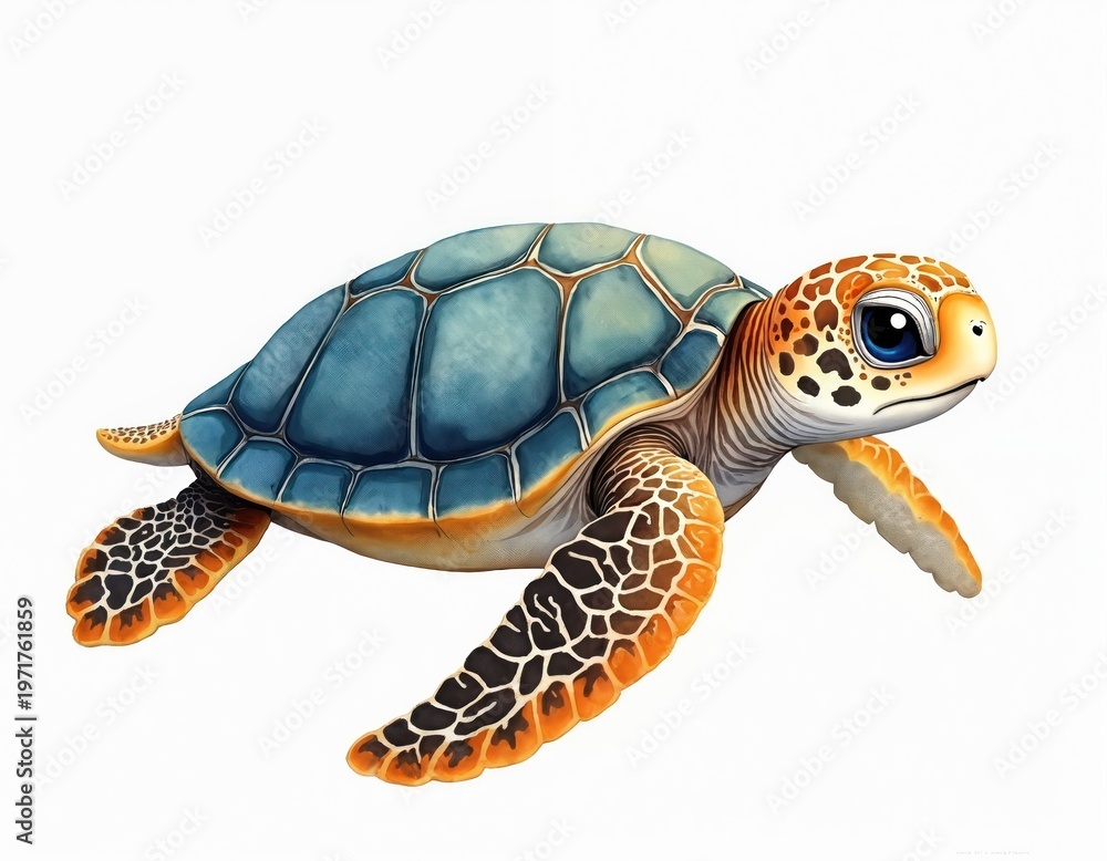 Obraz premium Cute cartoon baby sea turtle illustration with big blue eyes. Small reptile with patterned shell swims or crawls. Friendly baby animal on white background for kids.