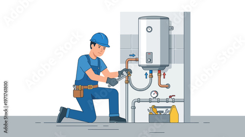Professional Plumber Repairing and Installing a Water Heater; Vector Illustration of a Maintenance Technician Fixing a Domestic Boiler with Tools