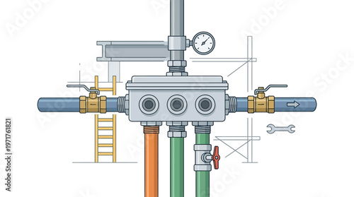 Industrial Plumbing Manifold System Technical Illustration with Pipes, Valves, and Pressure Gauge