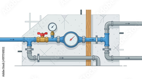 Modern Plumbing System Illustration with Water Meter, Pressure Gauge, and Industrial Pipes on Concrete Wall