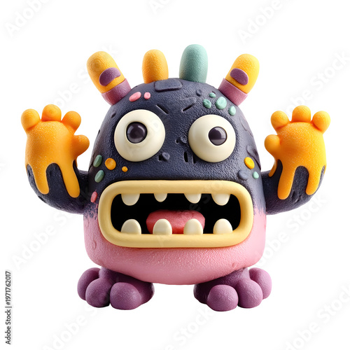 A playful colorful 3D monster character resembling clay or plasticine with a textured body and large eyes isolated on a white background