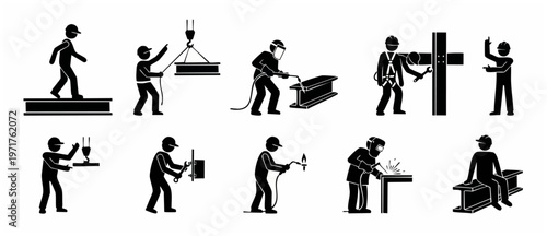 Construction Worker Steel Icon Set: Welding, Lifting, Bolting Steel I Beam Structure Silhouette. Diverse actions of industrial work, in a minimalist black and white design for professional appeal.