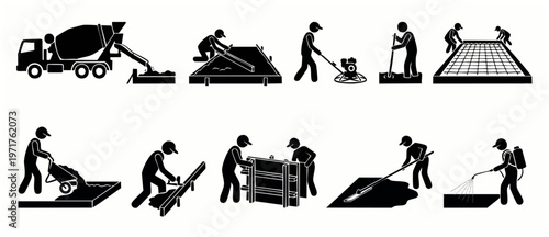 Concrete Construction Worker Steps – Pictogram Icons Set Showing Cement Pouring, Smoothing, Leveling, Reinforcing Process Black Silhouette - Labor Industry Pictorial