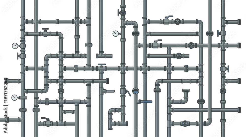 Fototapeta premium Industrial Pipeline Network Illustration with Valves and Gauges - Plumbing System Engineering Concept
