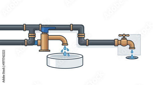 Plumbing System Illustration with Leaking Brass Faucets, Water Pipes, and Drainage