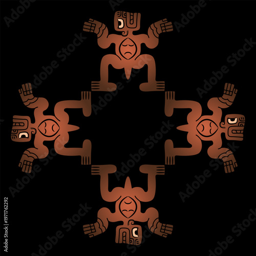 Geometrical ethnic frame with four fantastic figurines. Native American indigenous design from ancient Peru.