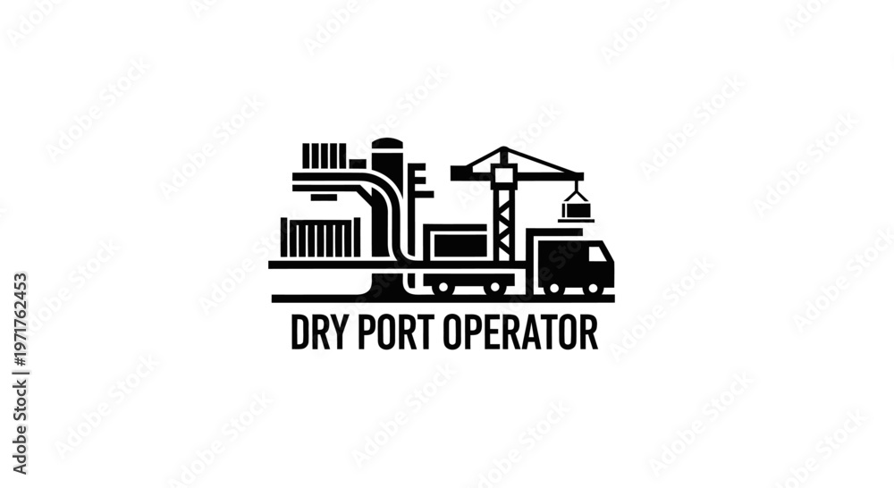 Naklejka premium Dry Port Operator Logistics Icon: Crane, Truck, Containers, Warehouse, Transport