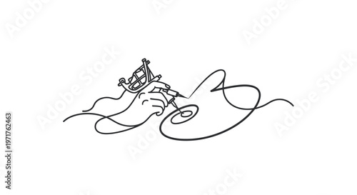 Tattoo Artist Hand Drawing with Tattoo Machine, Single Line Art