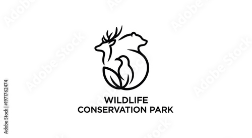 Wildlife Conservation Park Logo with Deer, Bear, and Bird Silhouette