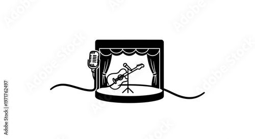 Acoustic Guitar on Stage with Retro Microphone and Curtains - Performance Concept