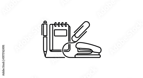 Office Supplies Icon: Notebook, Stapler, Paperclip, Pen - Clean Line Art