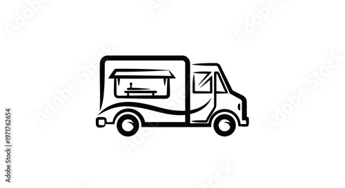 Hand-drawn food truck icon on white background, simple line art for mobile food business