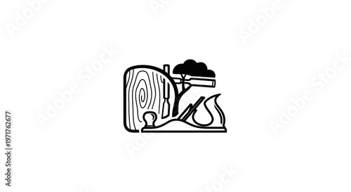 Woodworking Concept: Wood Grain, Plane, and Tree Silhouette Logo