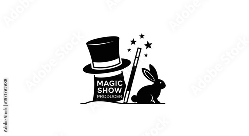 Magic Show Producer Logo: Top Hat, Wand, Bunny, Stars, Illusion