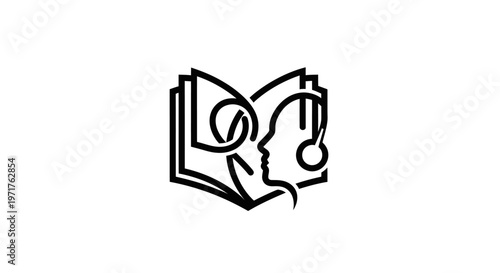 Audiobook icon: open book with human head and headphones, learning concept