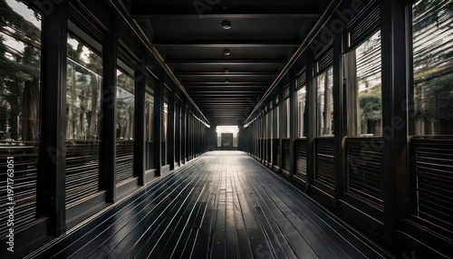 Dimly Lit Wooden Corridor with Windows and Perspective View.