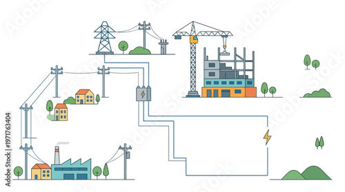 Flat Line Illustration of Electrical Power Grid Infrastructure Connecting Factory, Houses, and Construction Site