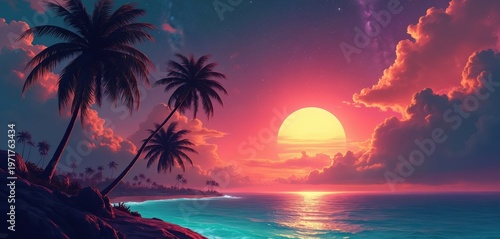 Tropical beach at sunset with palm trees. The ocean waves reflect the vibrant pink and orange clouds and a large yellow sun. Stars fill the twilight sky.