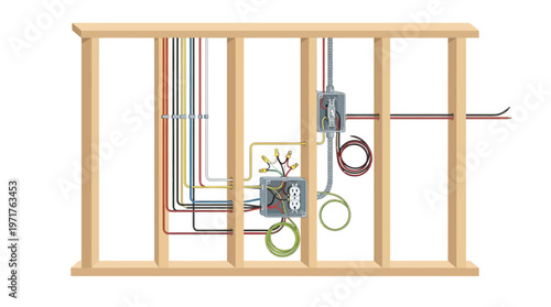 Electrical Wiring Diagram and Installation Inside Wooden Wall Stud Frame Illustration