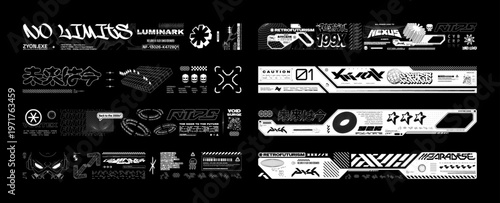 Futuristic Banners strips, Label Set – Futuristic, Cyberpunk Style. Hi-tech event wristbands, Ticket - pass, Streetwear design element for merch, t-shirt. Translation from Japanese - The Future is Now