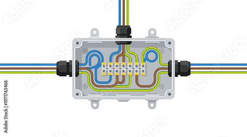 Electrical Junction Box Illustration with Terminal Block, Colored Wires, and Cable Glands. Flat Vector for Electrical Engineering and Home Wiring Maintenance.