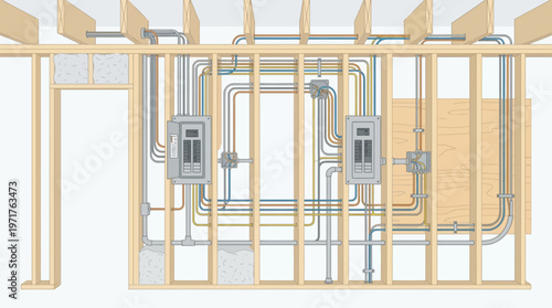 Detailed Diagram of Residential Electrical System Wiring and Circuit Breaker Panels Inside House Wall Frame