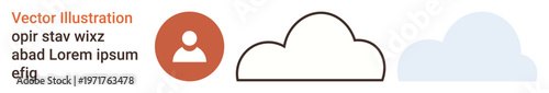 Technology, cloud computing, user profiles, data storage, online identity, communication. Illustrated user icon with two cloud shapes. Technology and cloud computing concept